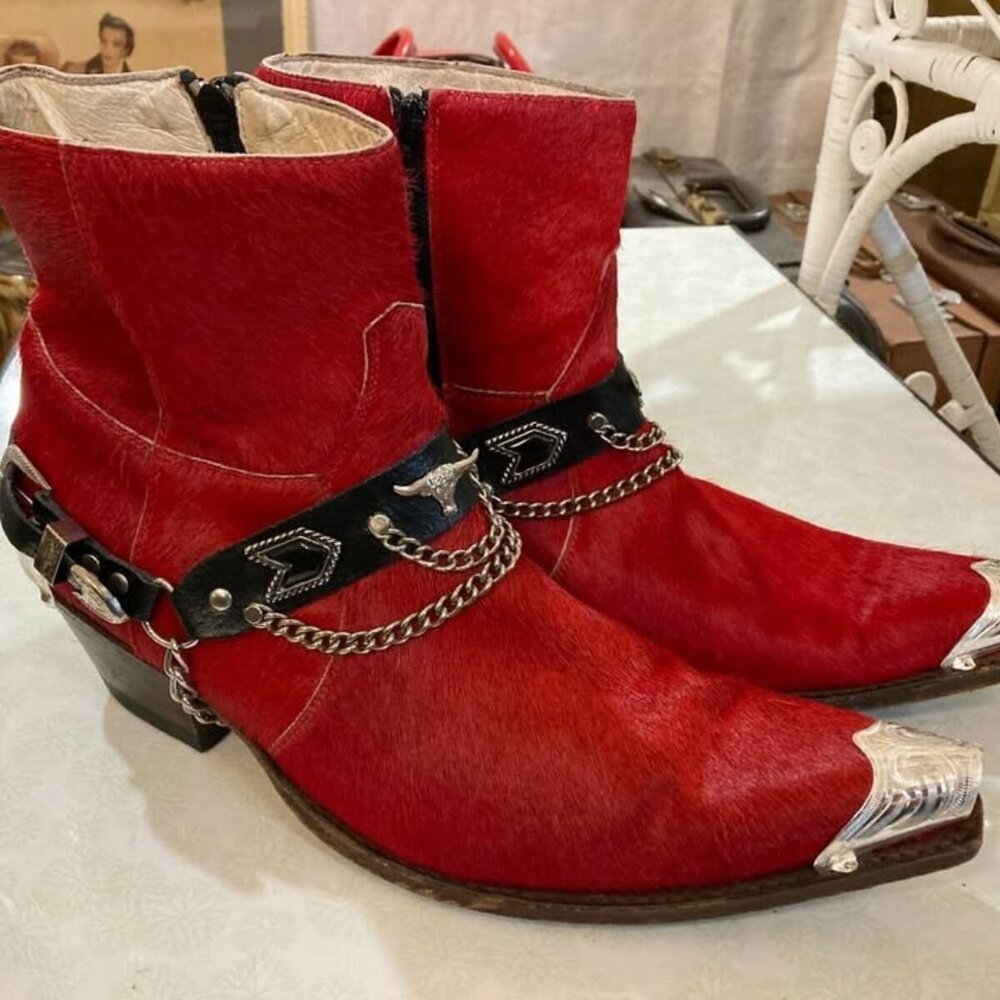 Vtg '90 SENDRA pony hair western cowboy metal tips rockabilly mens boot sz 9 1/2